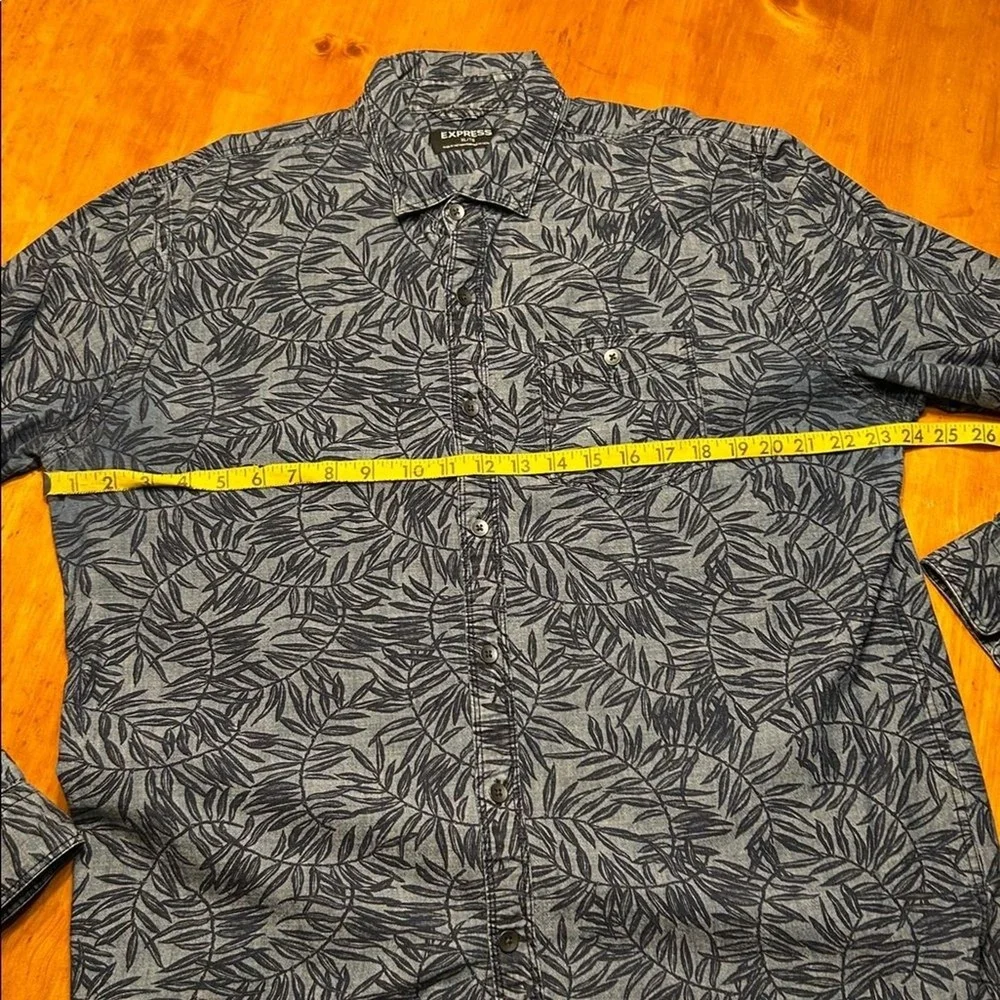 Express Mens Beachy Blue Tropical‎ Leaf Print Cotton Button Up Long Sleeve Shirt